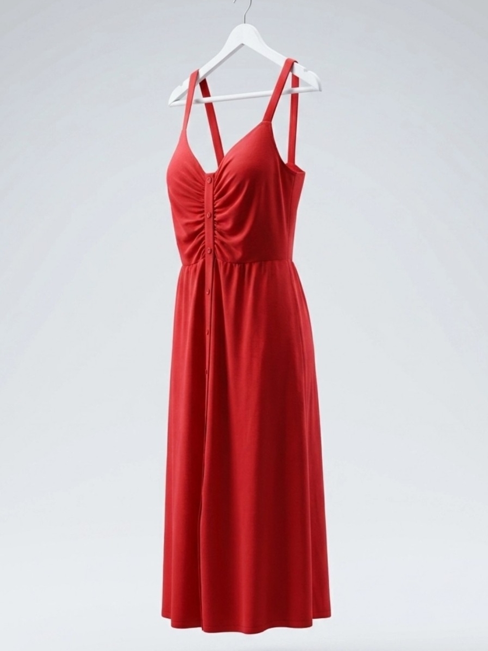 Red Midi Dress with Button Front and V-Neck